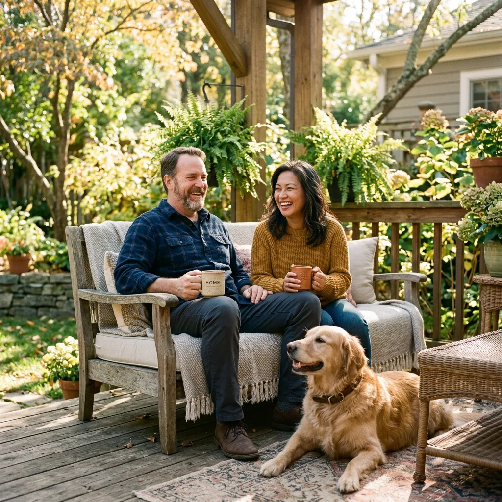 An older couple relaxing on their backyard patio with their golden retriever